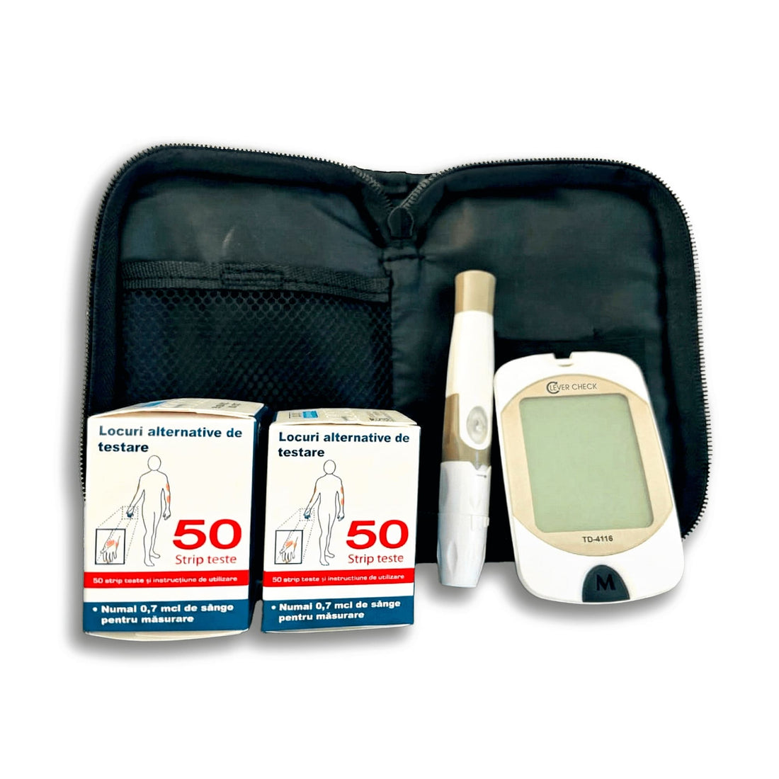 100 strip-teste + 110 lantete +1 Glucometru CLEVER CHECK + husă, dispozitiv de lansare a lanțetelor
